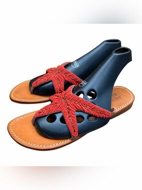 Kristens Kloset Starfish Sandals Flip Flops Size 9 Red Leather Non-Slip Sole